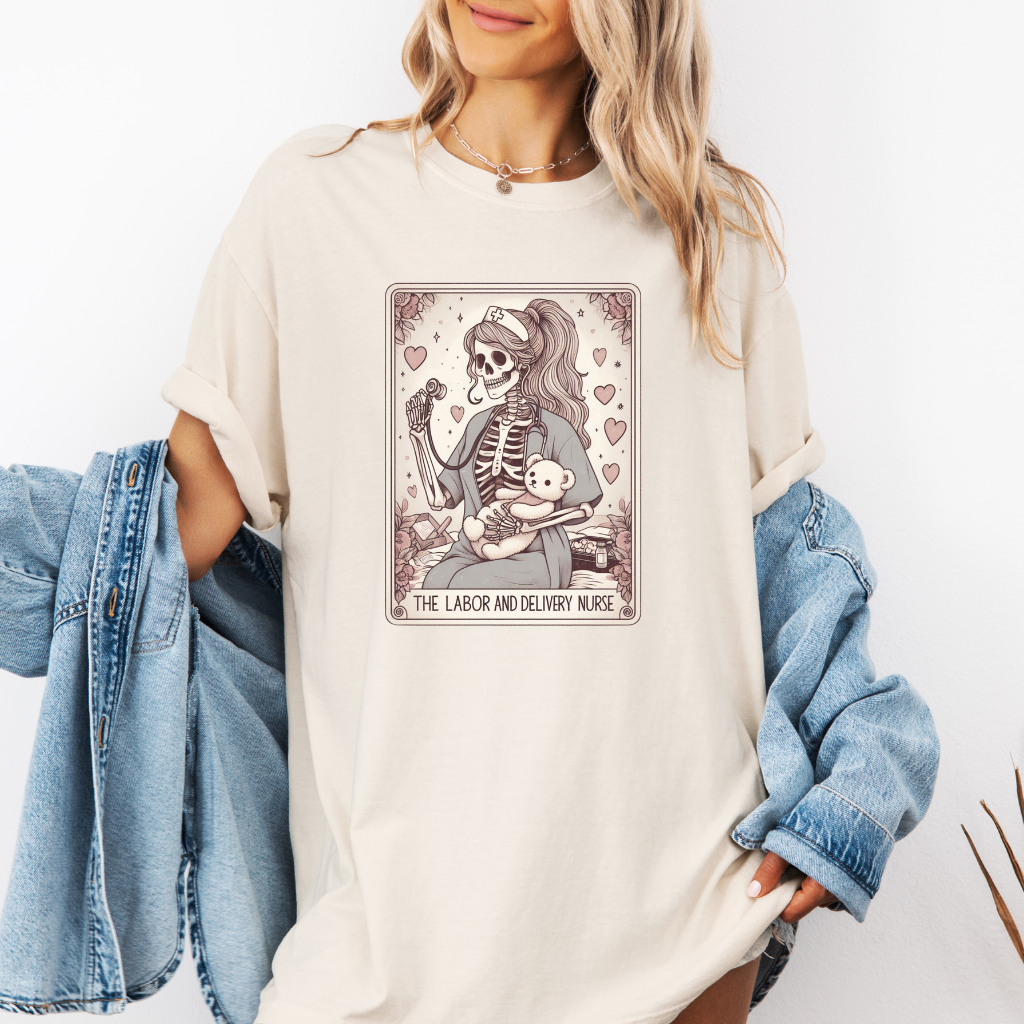 Midwife Tarot Shirt – Comfort Colors® L&D Nurse Tee, Skeleton RN Gift