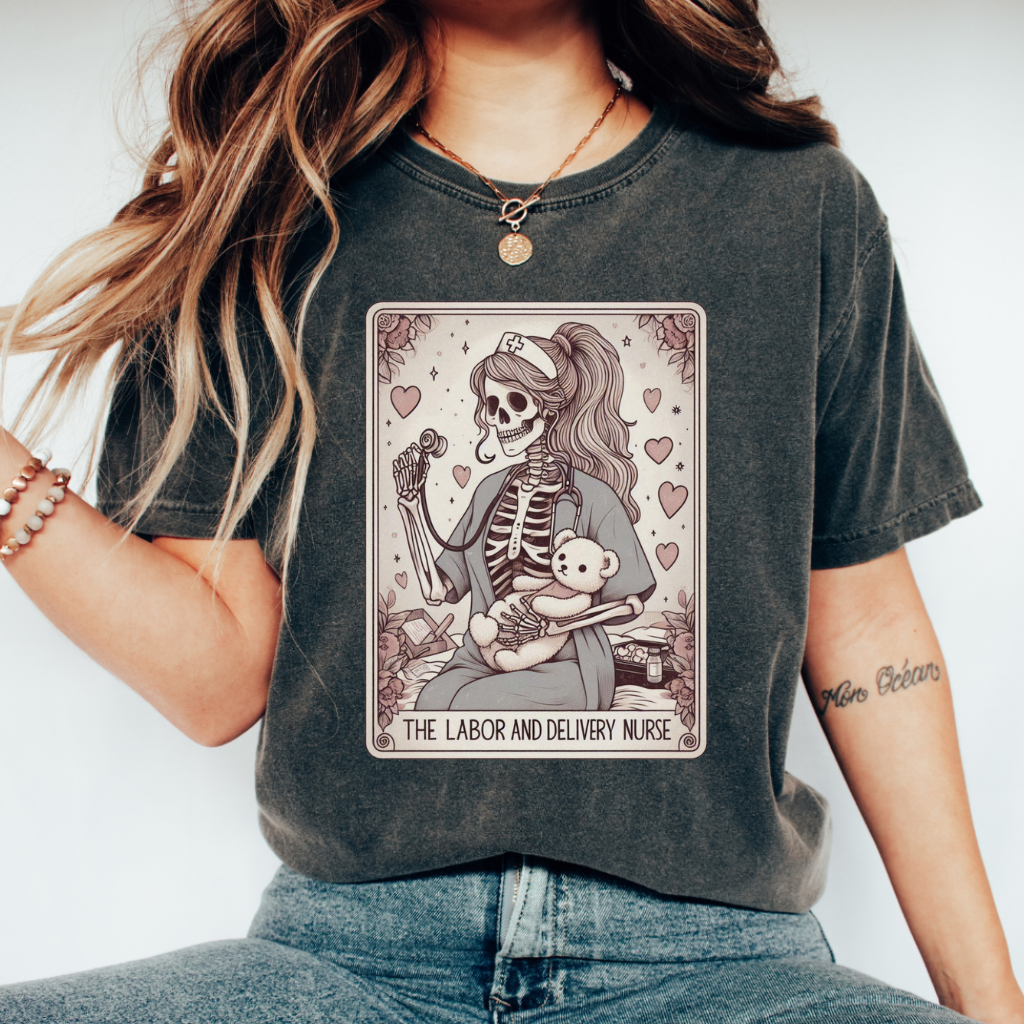 Midwife Tarot Shirt – Comfort Colors® L&D Nurse Tee, Skeleton RN Gift