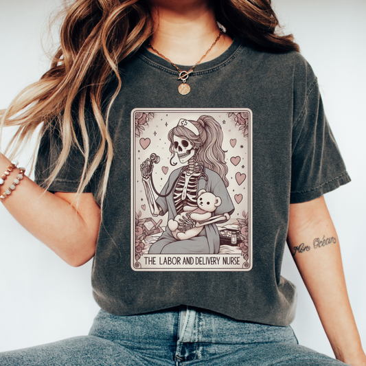 Midwife Tarot Shirt – Comfort Colors® L&D Nurse Tee, Skeleton RN Gift