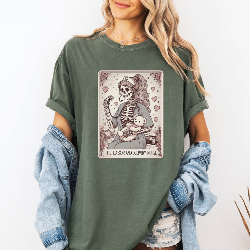 Midwife Tarot Shirt – Comfort Colors® L&D Nurse Tee, Skeleton RN Gift